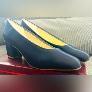 Coloriffics Navy Blue Chunky Heel Satin Pumps 10W
